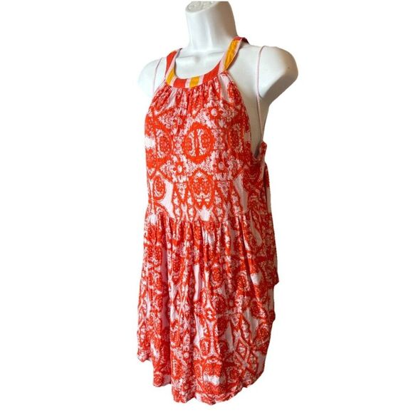 FREE PEOPLE Women’s Medium Orange Midsummer's Day Printed Halter Tank Tunic Top - Picture 3 of 9
